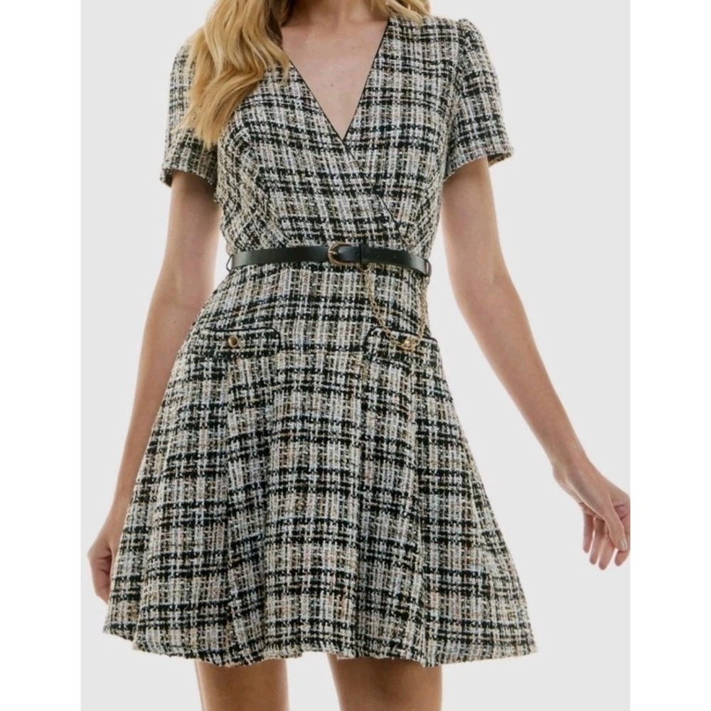 City Studios Junior 7/8 Fit & Flare Belted Boucle Dress